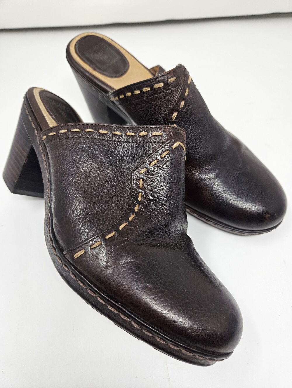 Frye Candy Pickstitch Brown Mules Stacked Heel Size 8M
